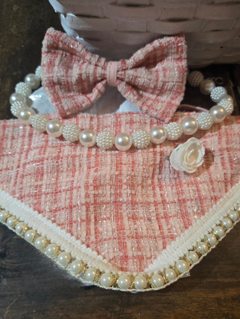 Pink Plaid Dog Bib & Bow Set with Pearl Necklace Collar - SIZE S